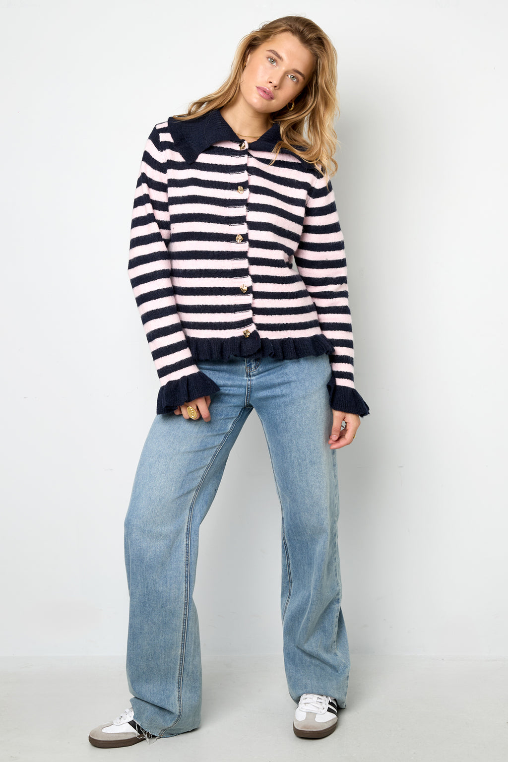 Knitted Polyester Fiber Women's Cardigan Casual Stripes