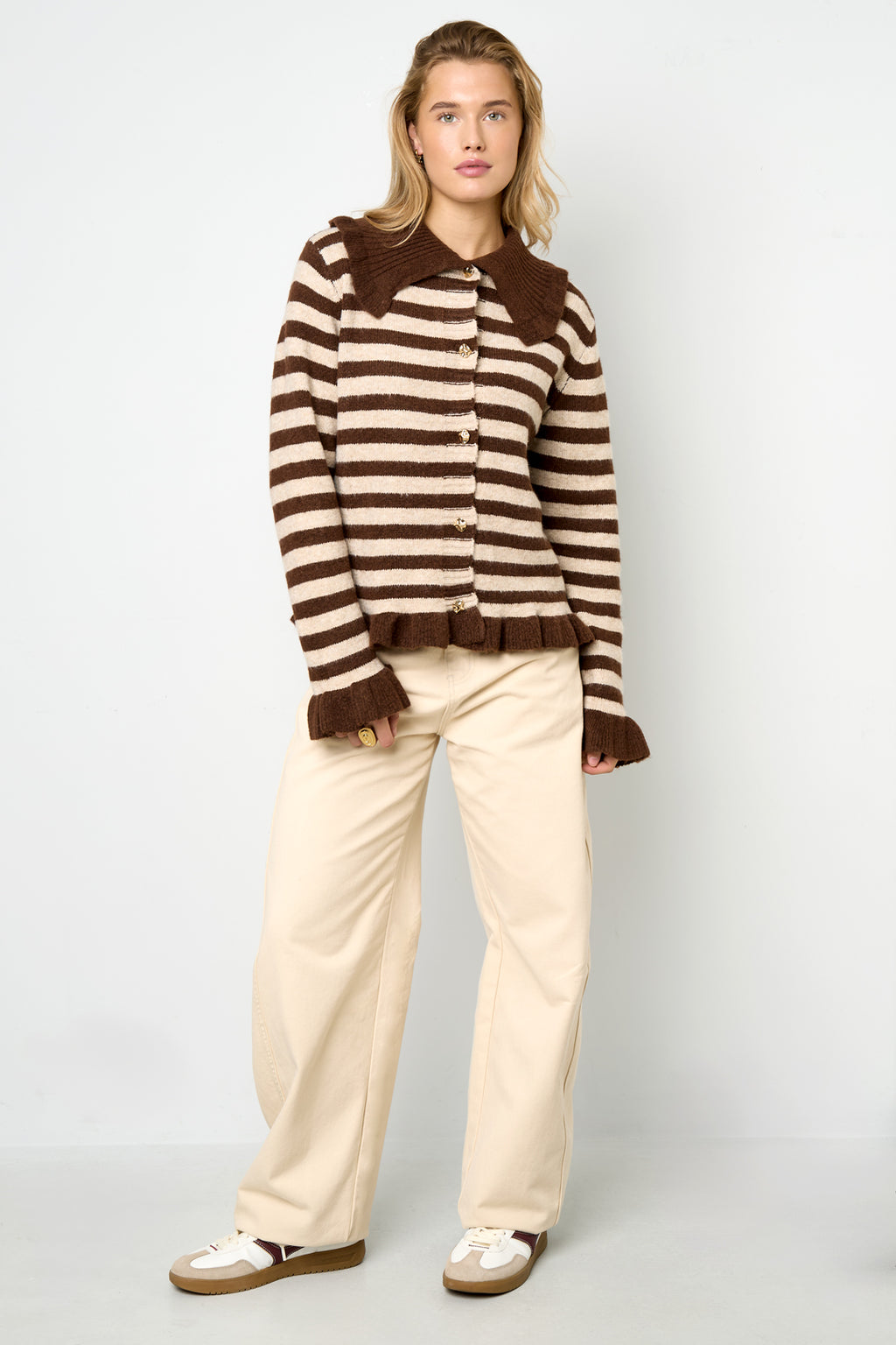 Knitted Polyester Fiber Women's Cardigan Casual Stripes