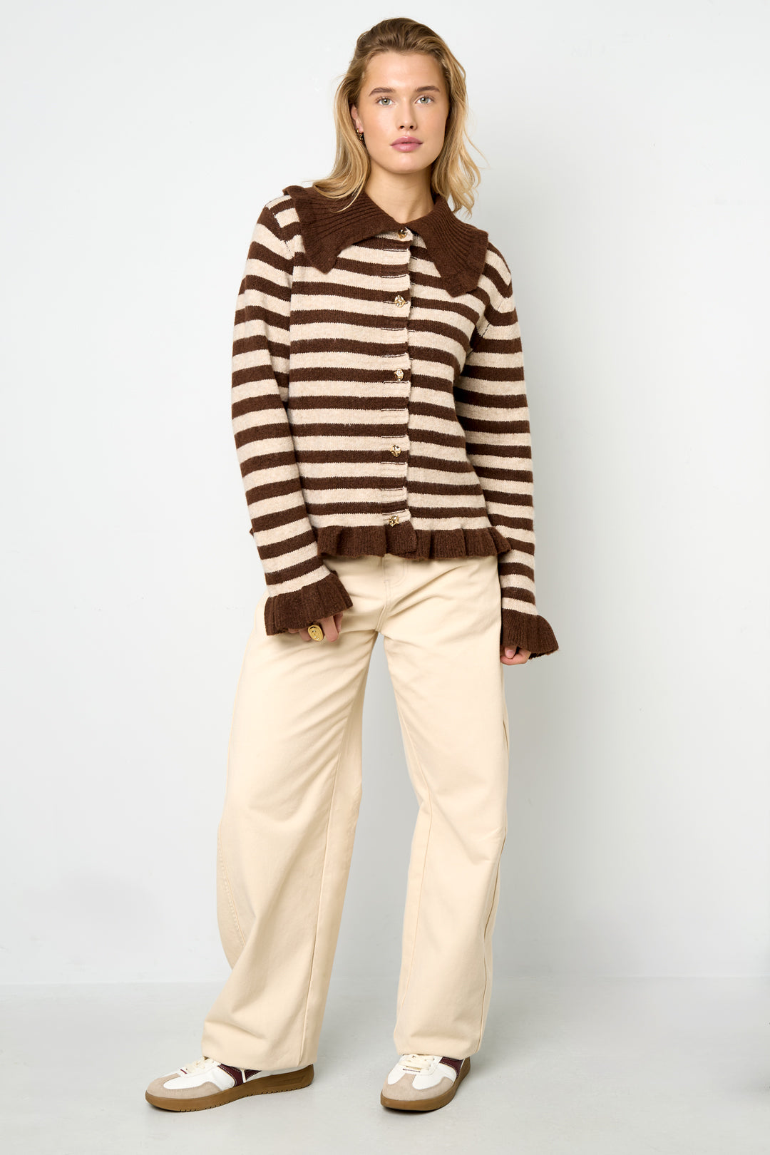 Knitted Polyester Fiber Women's Cardigan Casual Stripes