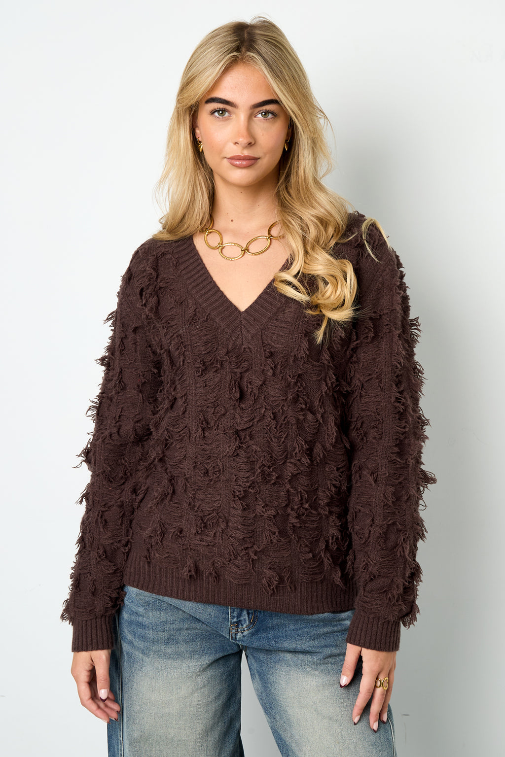 Knitted Polyester Fiber Women's V-Neck Sweater Casual Solid Color