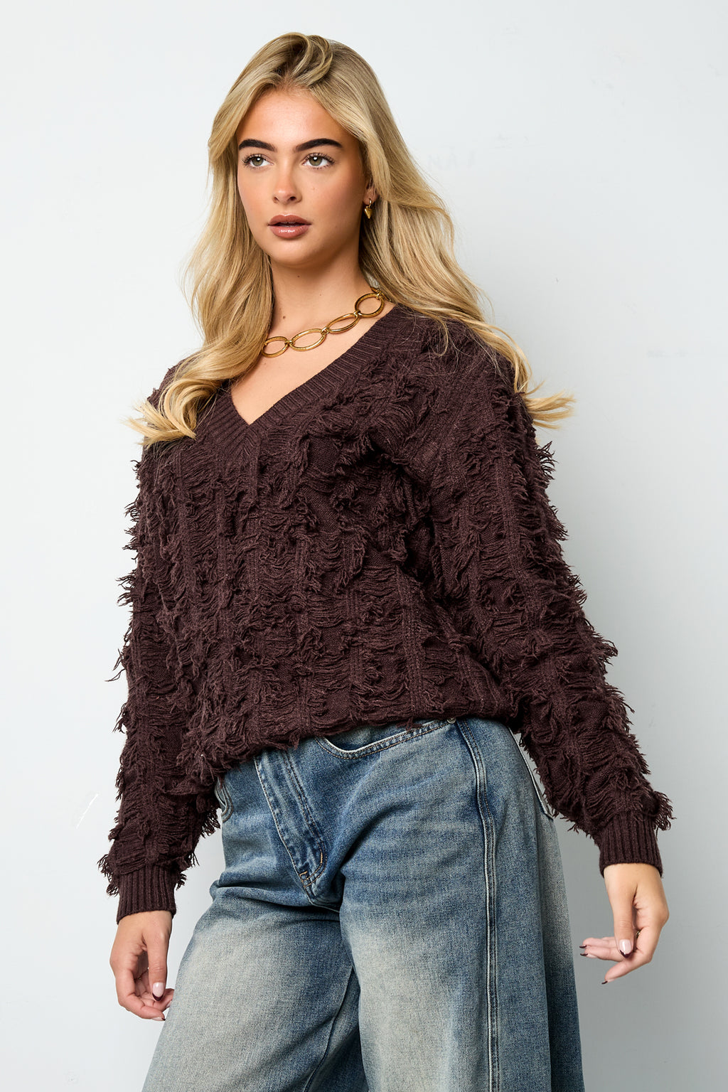 Knitted Polyester Fiber Women's V-Neck Sweater Casual Solid Color