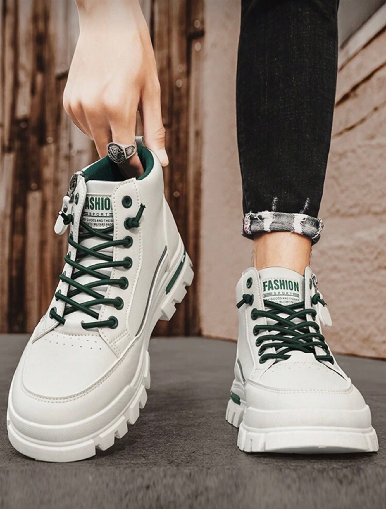 Heren leren winter thermisch gevoerde dikke warme laarzen wit met groen