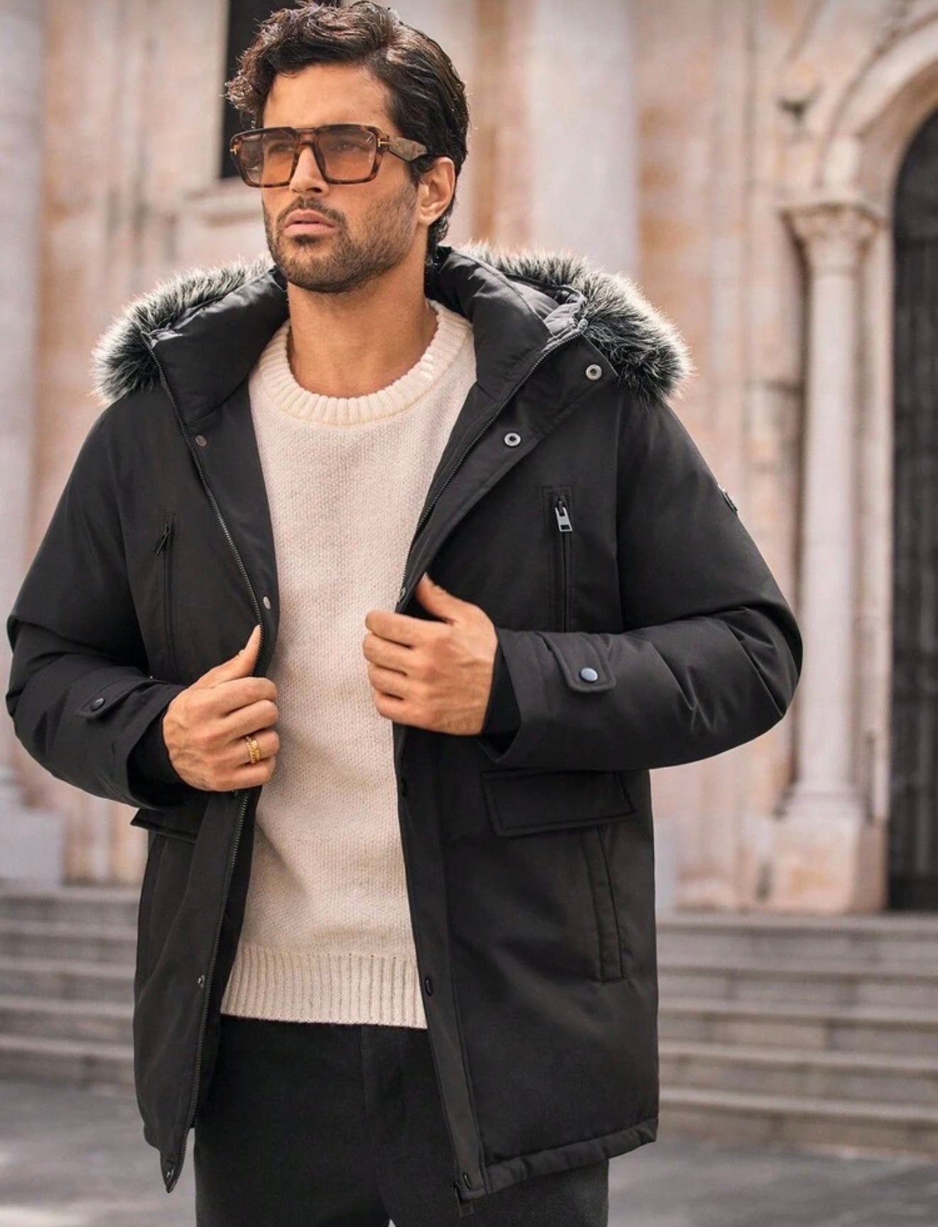 Heren bontkraag lange winterjas zwart