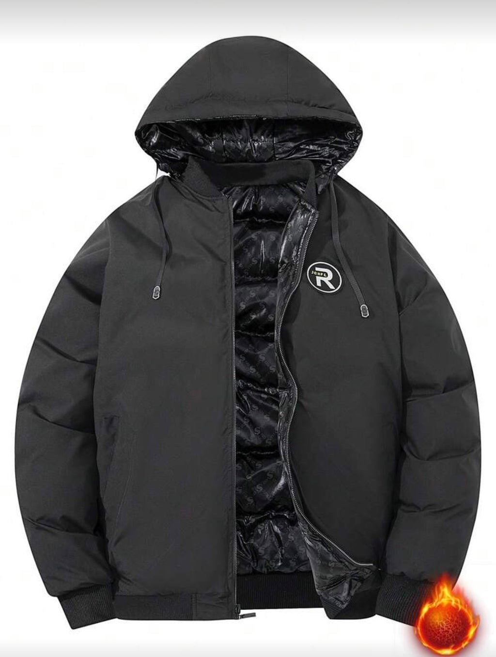 Gewatteerde grafische print heren winterjas zwart twee manieren te gebruiken