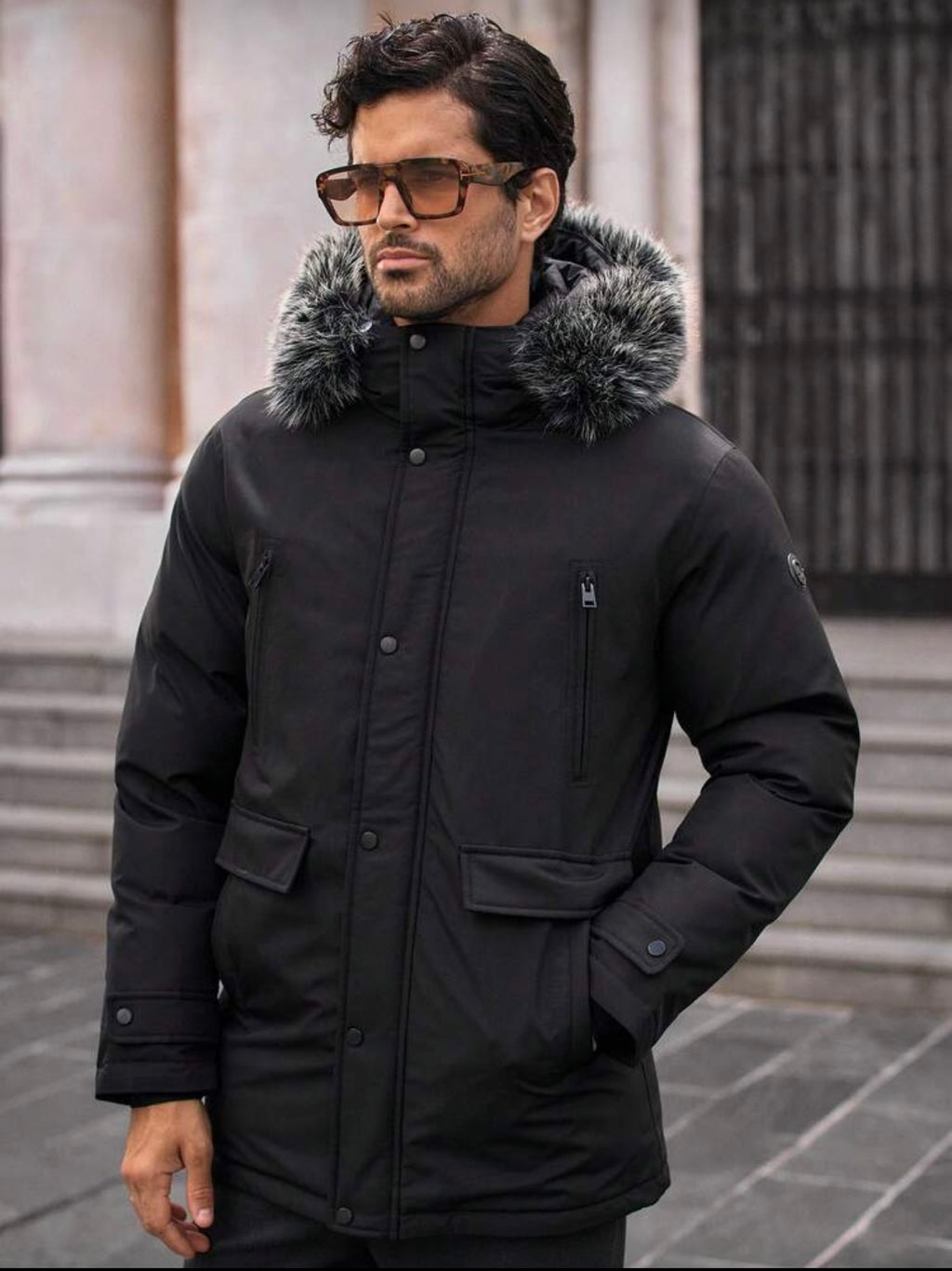 Heren bontkraag lange winterjas zwart