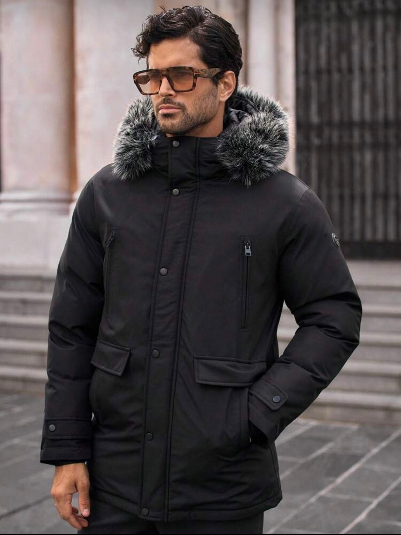 Heren bontkraag lange winterjas zwart