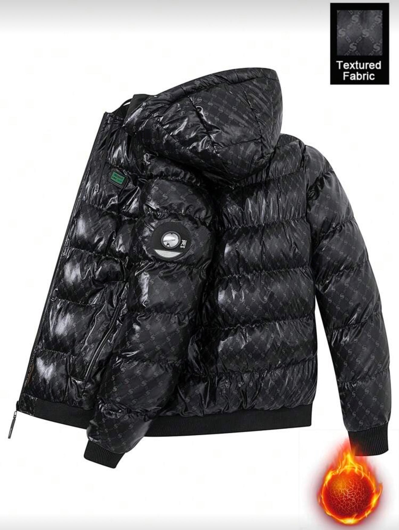 Gewatteerde grafische print heren winterjas zwart twee manieren te gebruiken