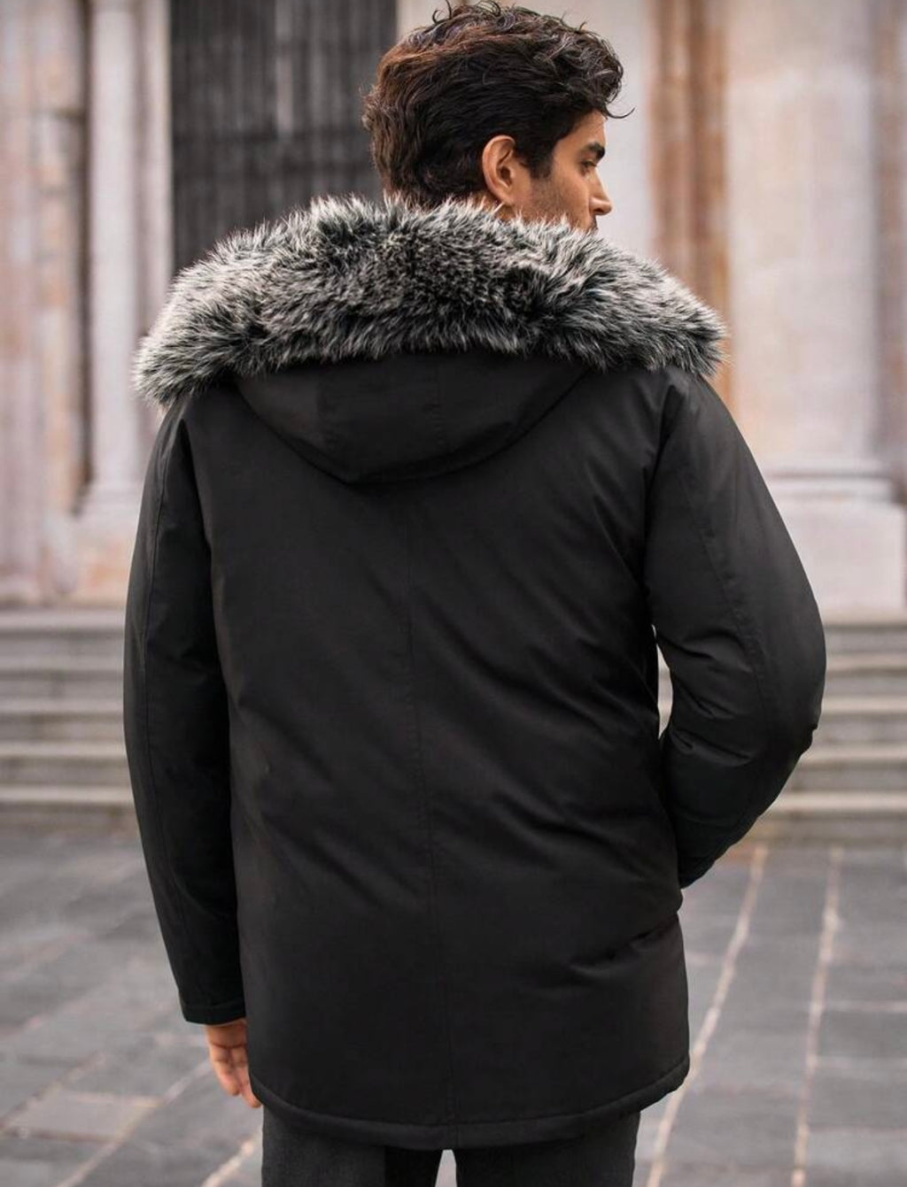 Heren bontkraag lange winterjas zwart