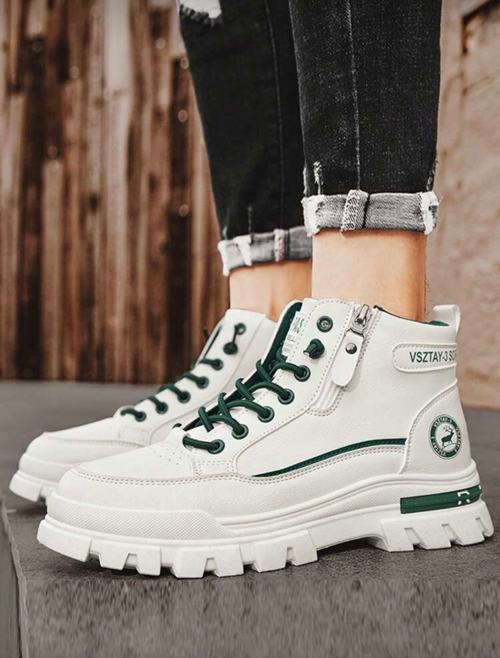 Heren leren winter thermisch gevoerde dikke warme laarzen wit met groen