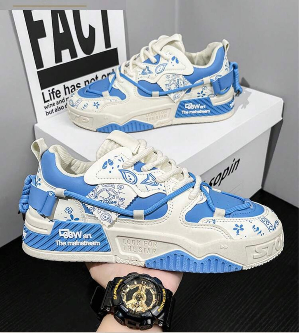 Herenmode veter schoenen blauw met letterpatroon