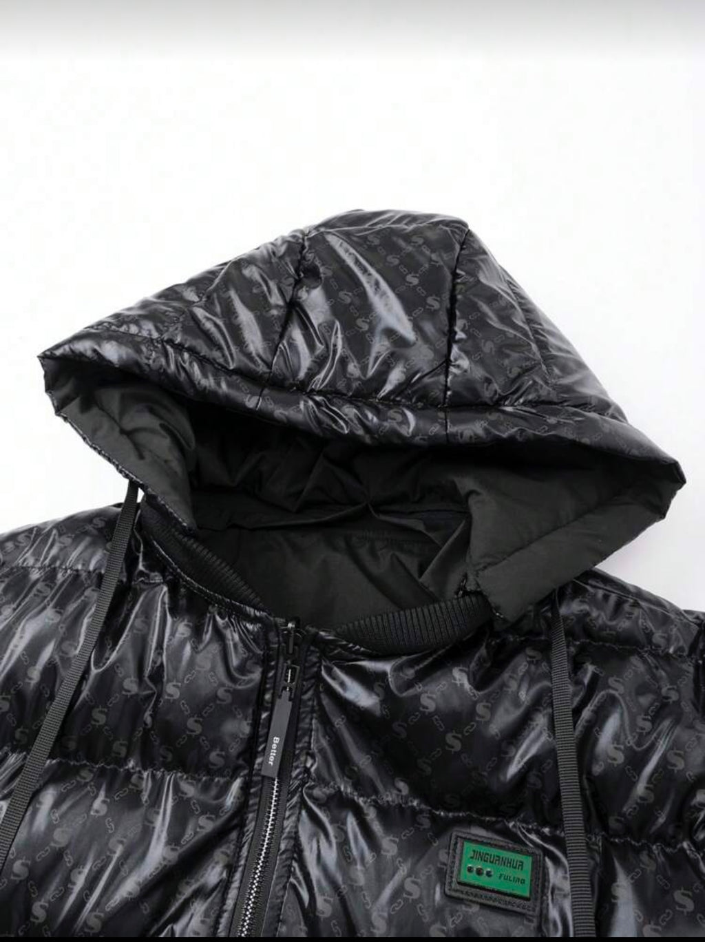 Gewatteerde grafische print heren winterjas zwart twee manieren te gebruiken