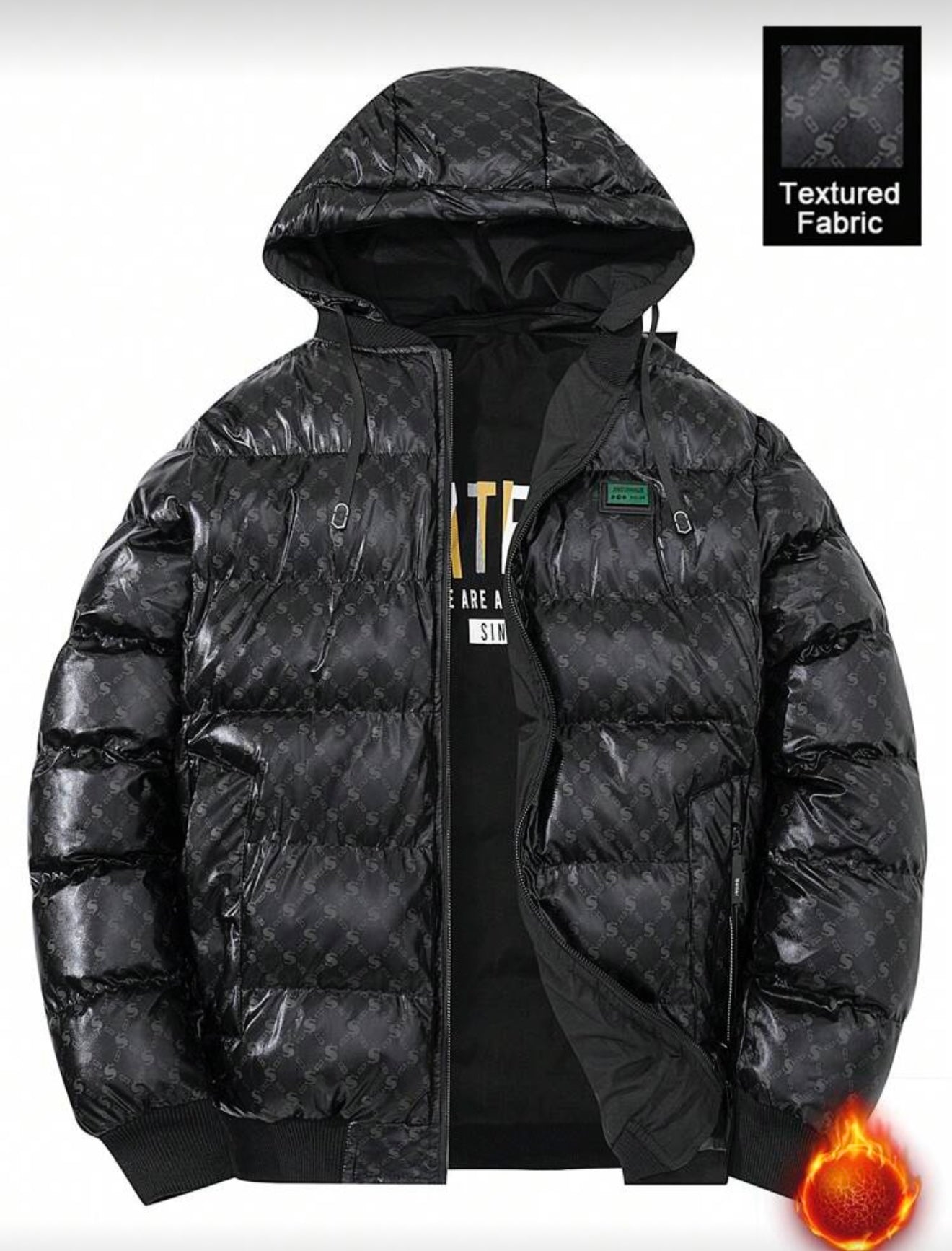 Gewatteerde grafische print heren winterjas zwart twee manieren te gebruiken