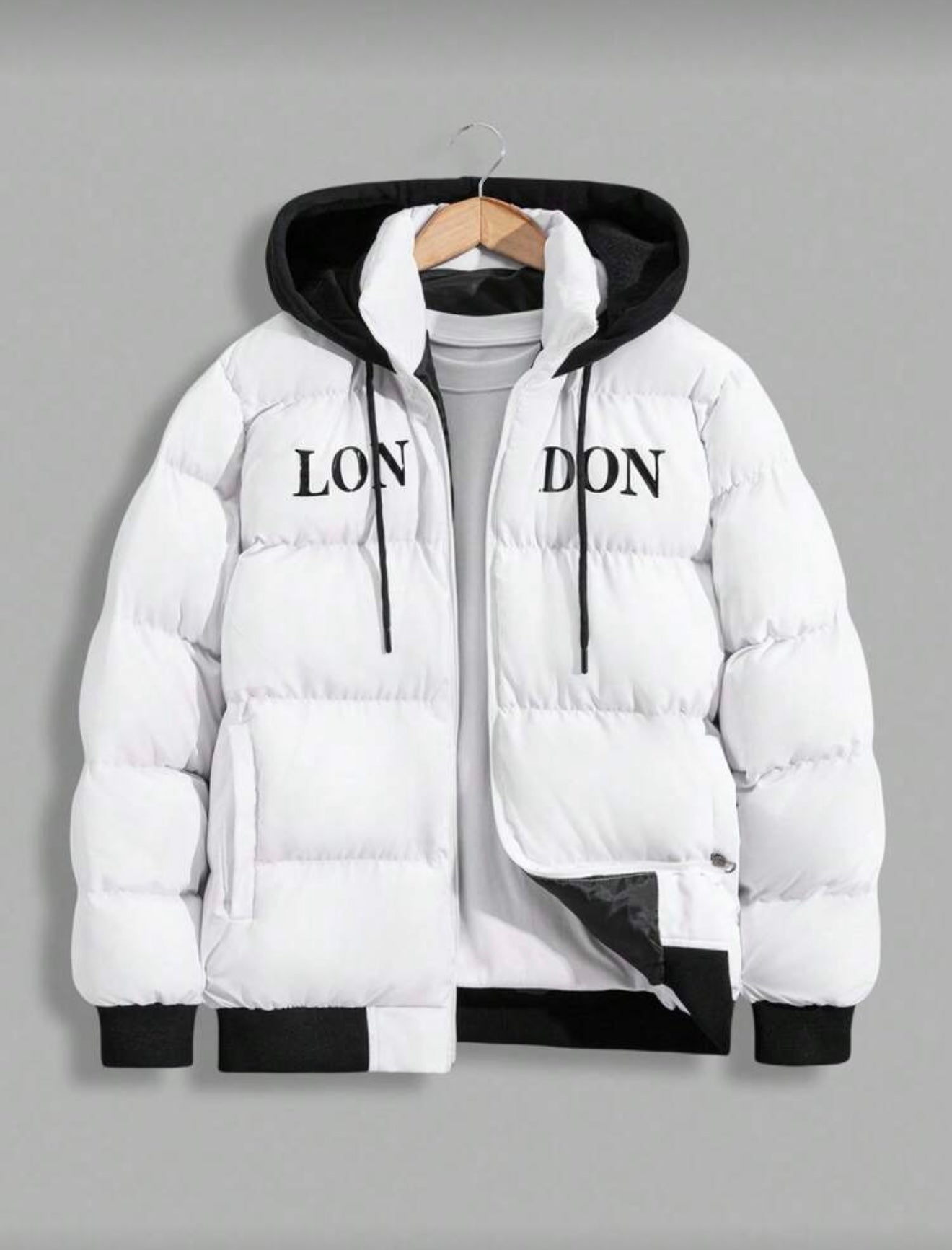 Hoge kwaliteit heren winterjas met capuchon zwart/wit