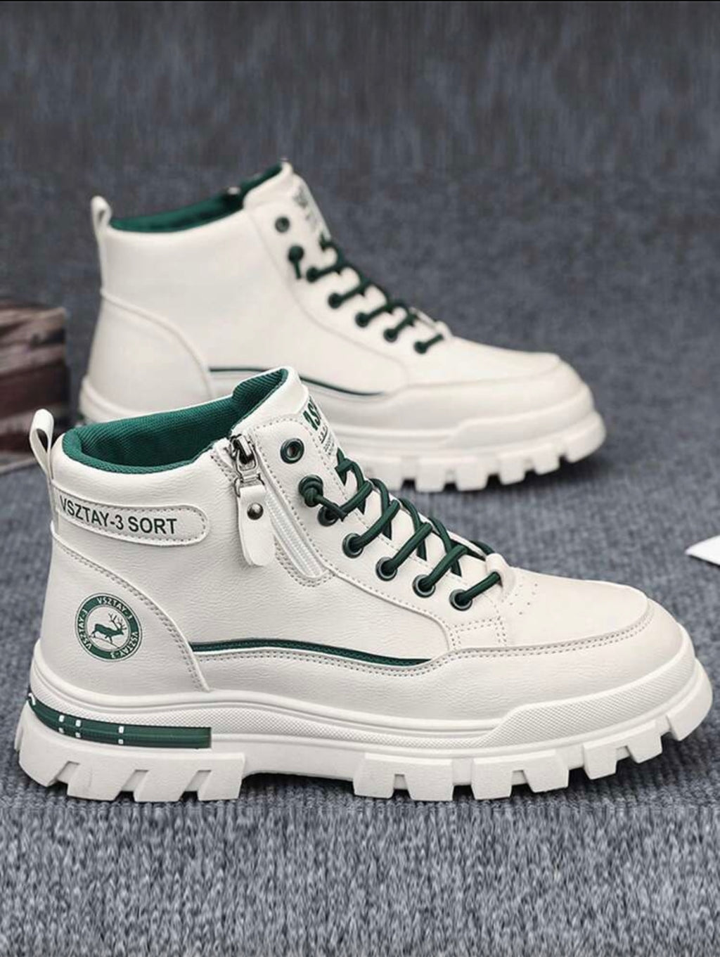 Heren leren winter thermisch gevoerde dikke warme laarzen wit met groen
