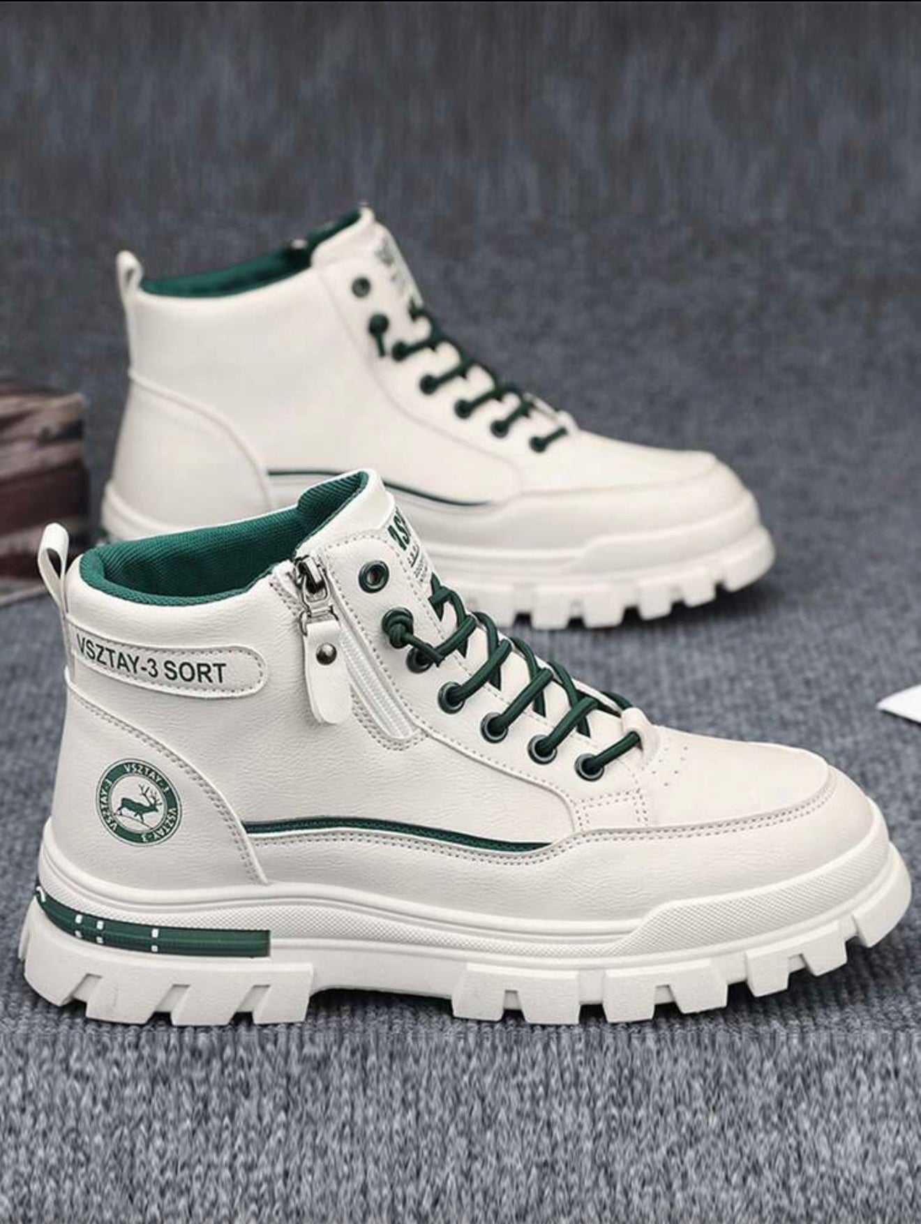 Heren leren winter thermisch gevoerde dikke warme laarzen wit met groen