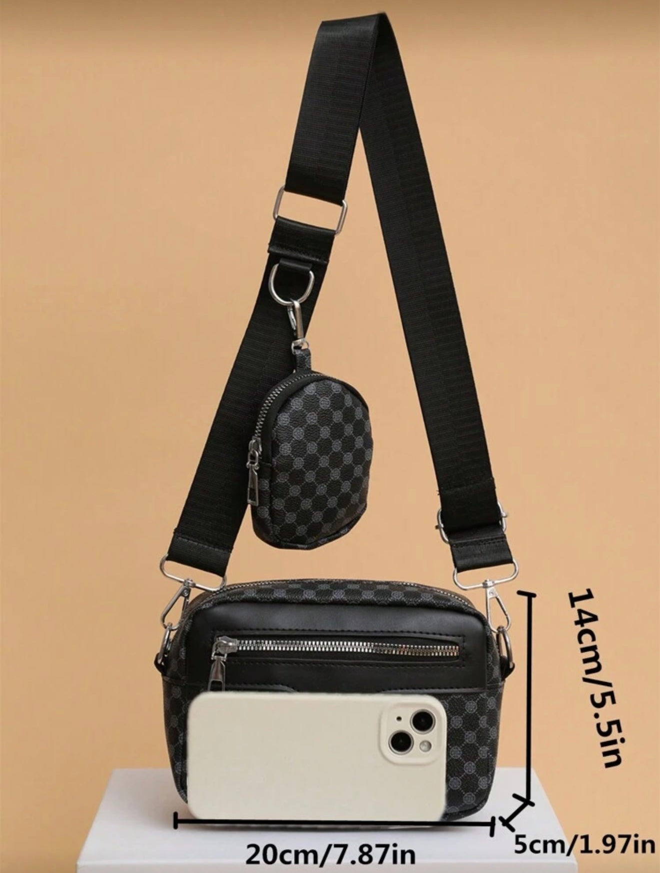 Modieuze mannen schoudertas met borduurwerk incl. Mini sleutel portmonee zwart