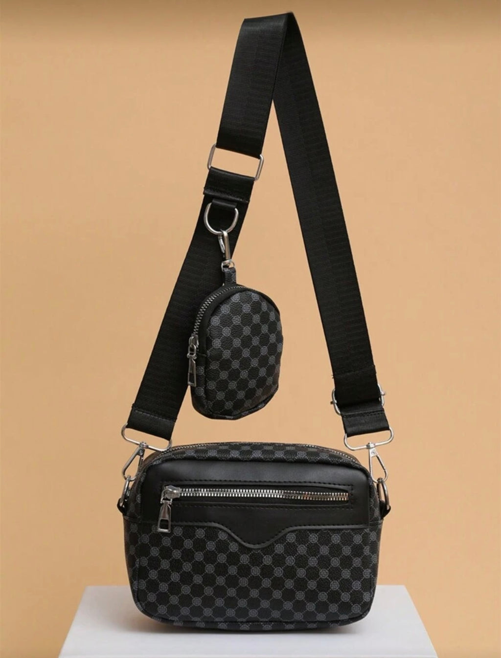 Modieuze mannen schoudertas met borduurwerk incl. Mini sleutel portmonee zwart