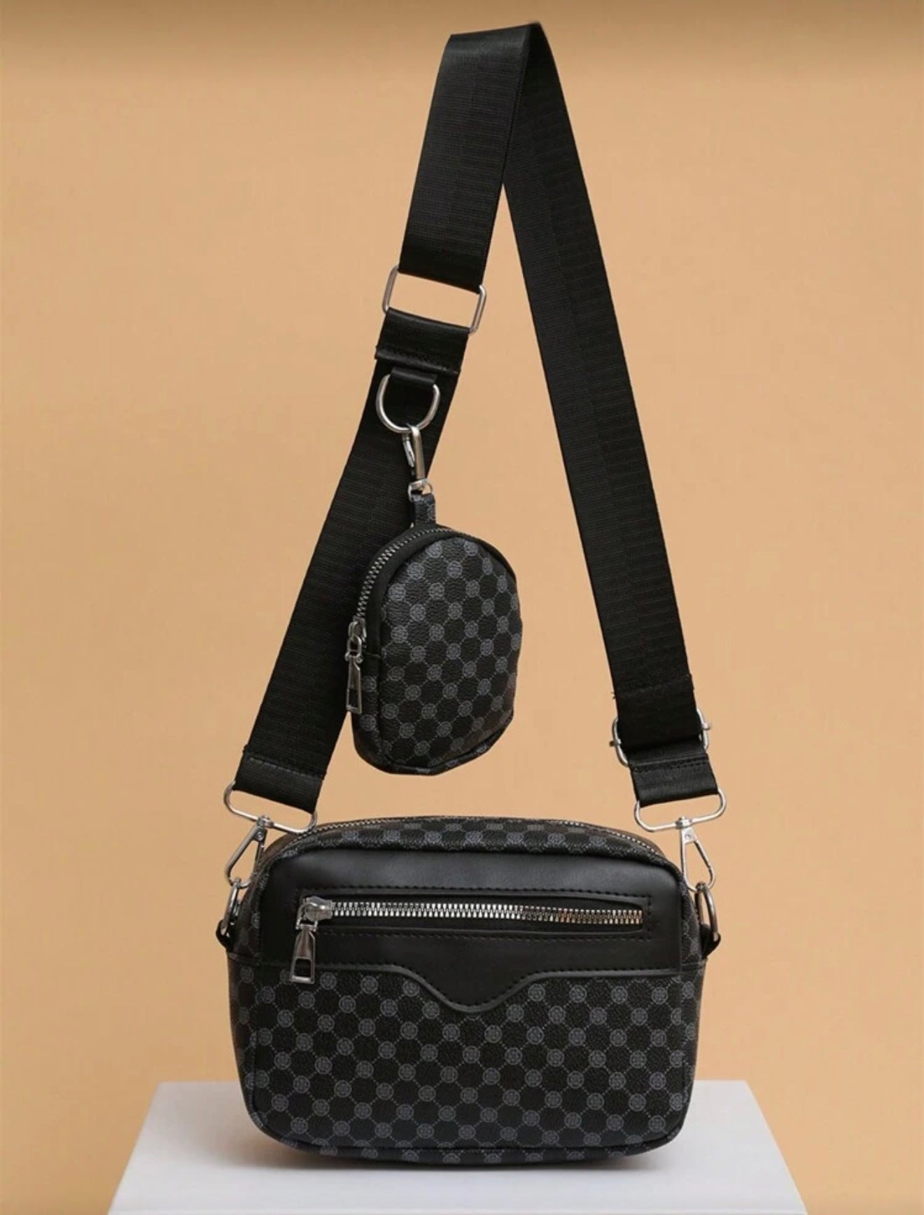 Modieuze mannen schoudertas met borduurwerk incl. Mini sleutel portmonee zwart