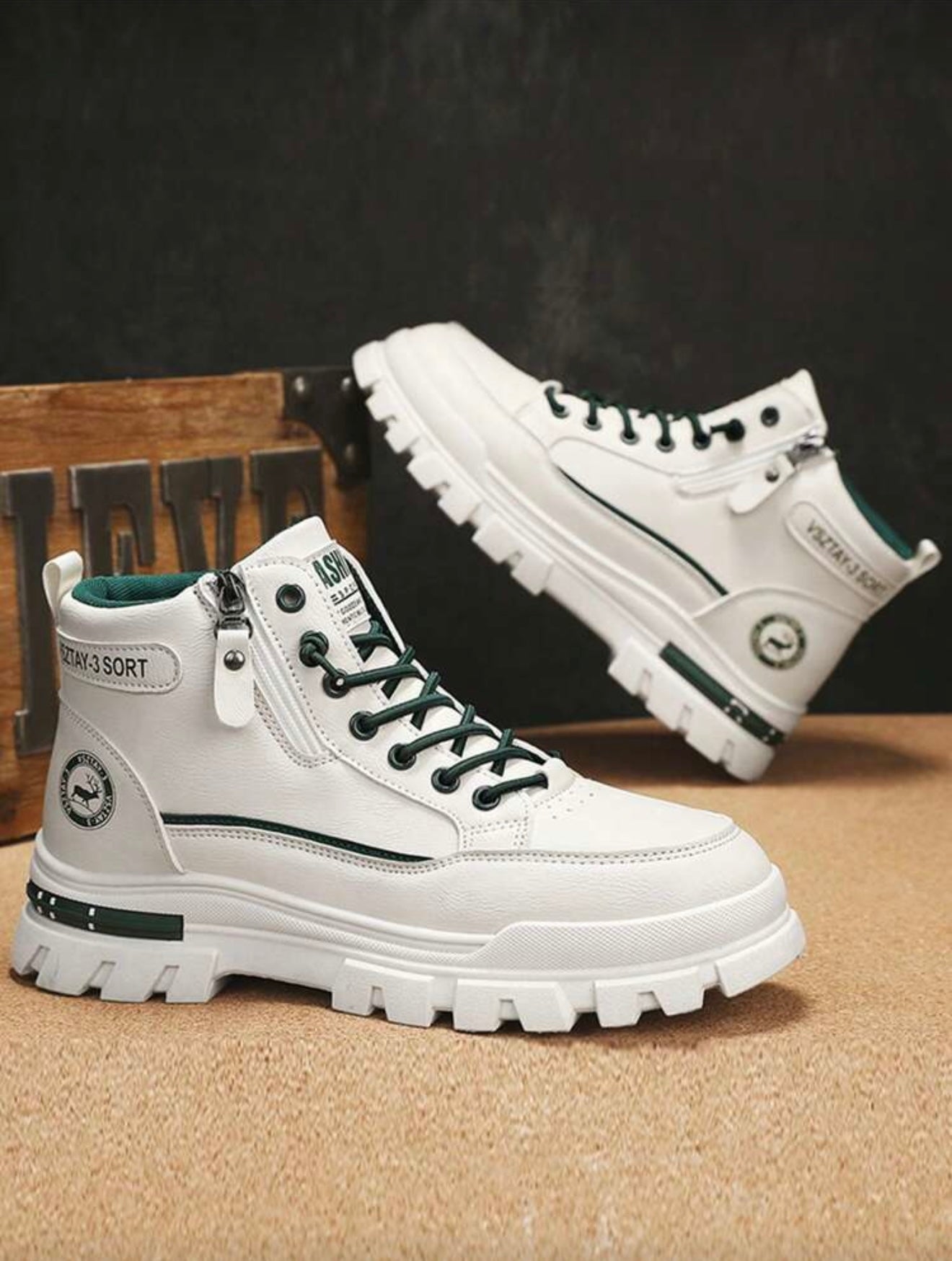 Heren leren winter thermisch gevoerde dikke warme laarzen wit met groen