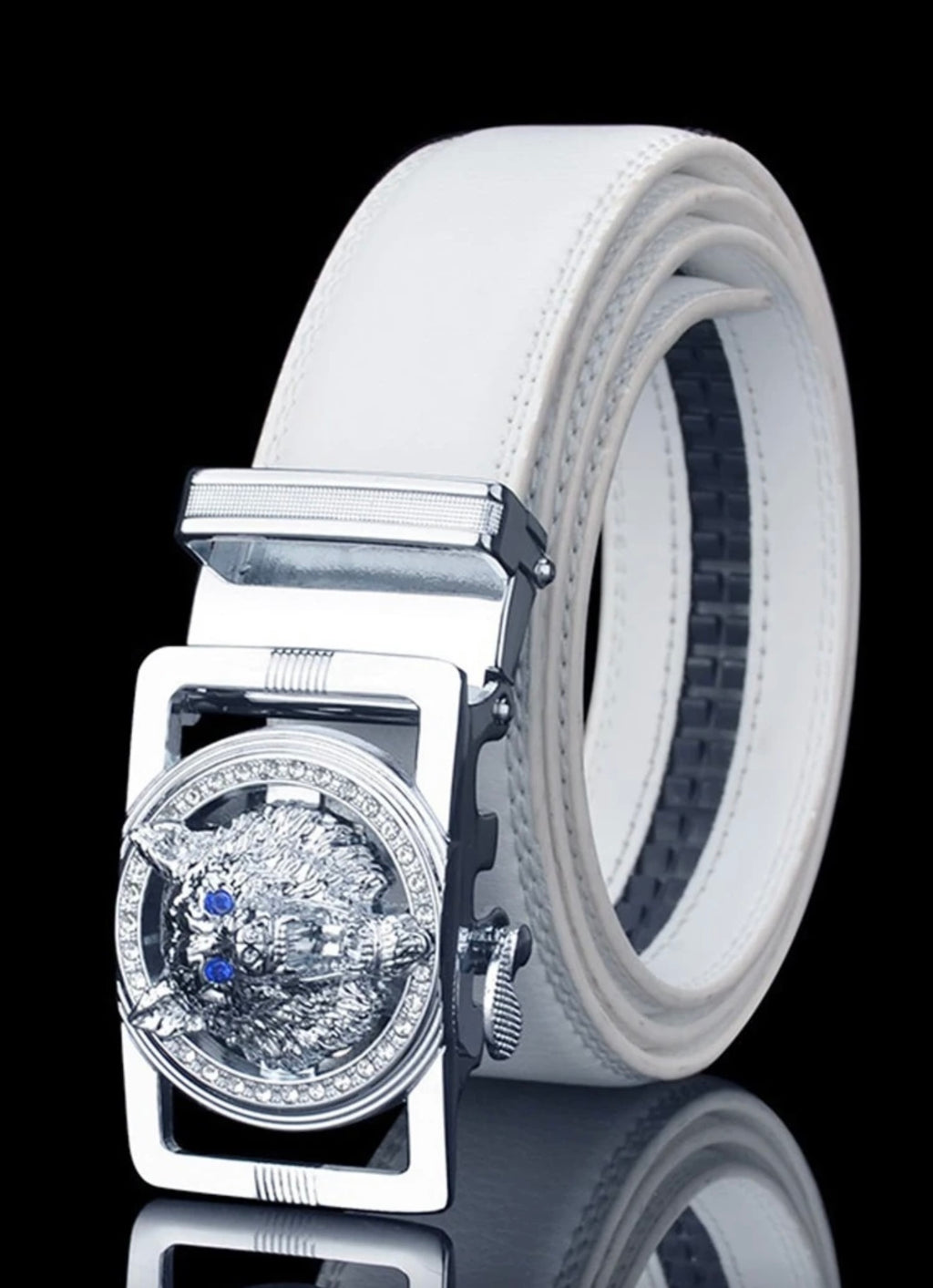 Zilveren Wolvenkop met strass-versiering heren wit automatische gesp