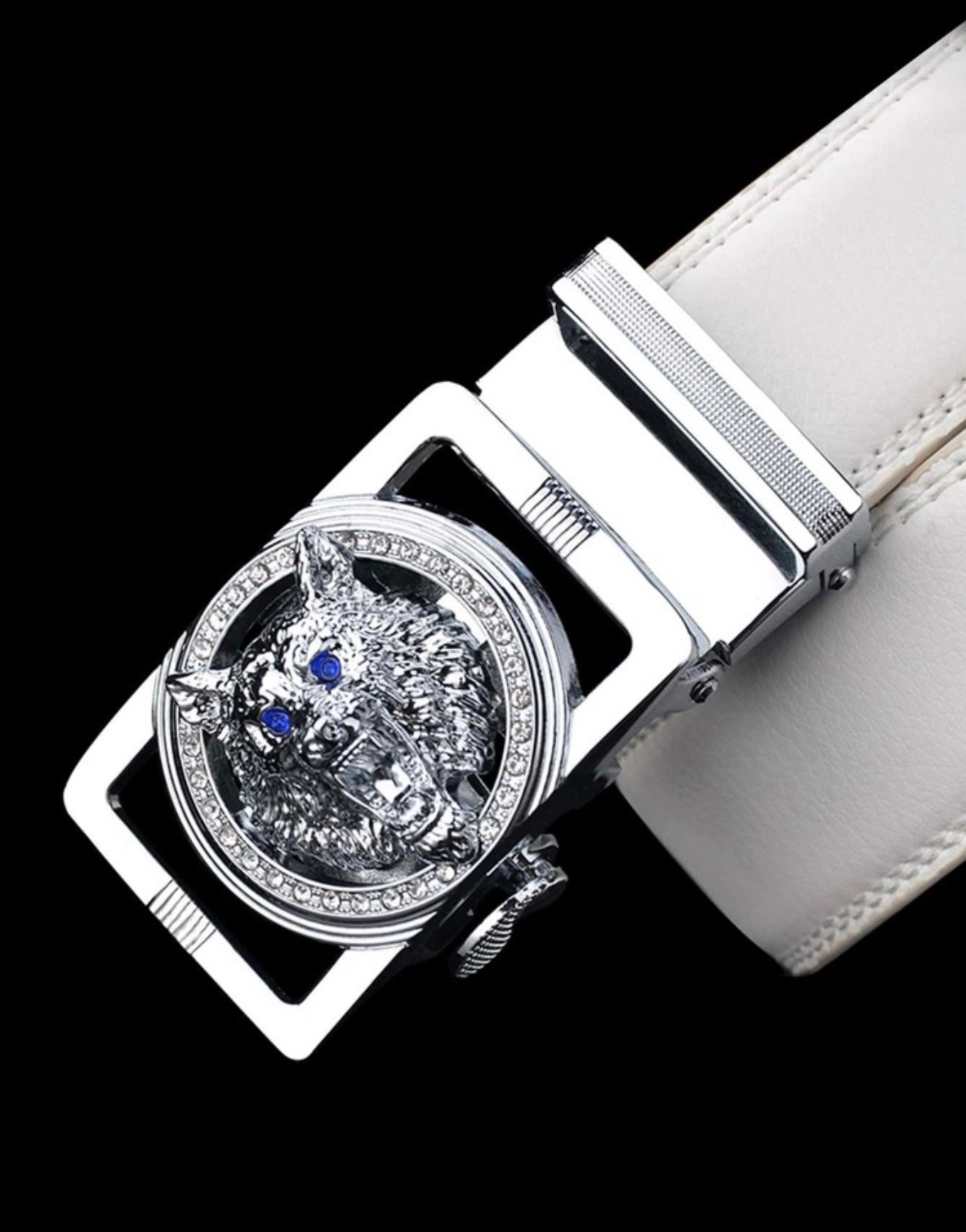 Zilveren Wolvenkop met strass-versiering heren wit automatische gesp