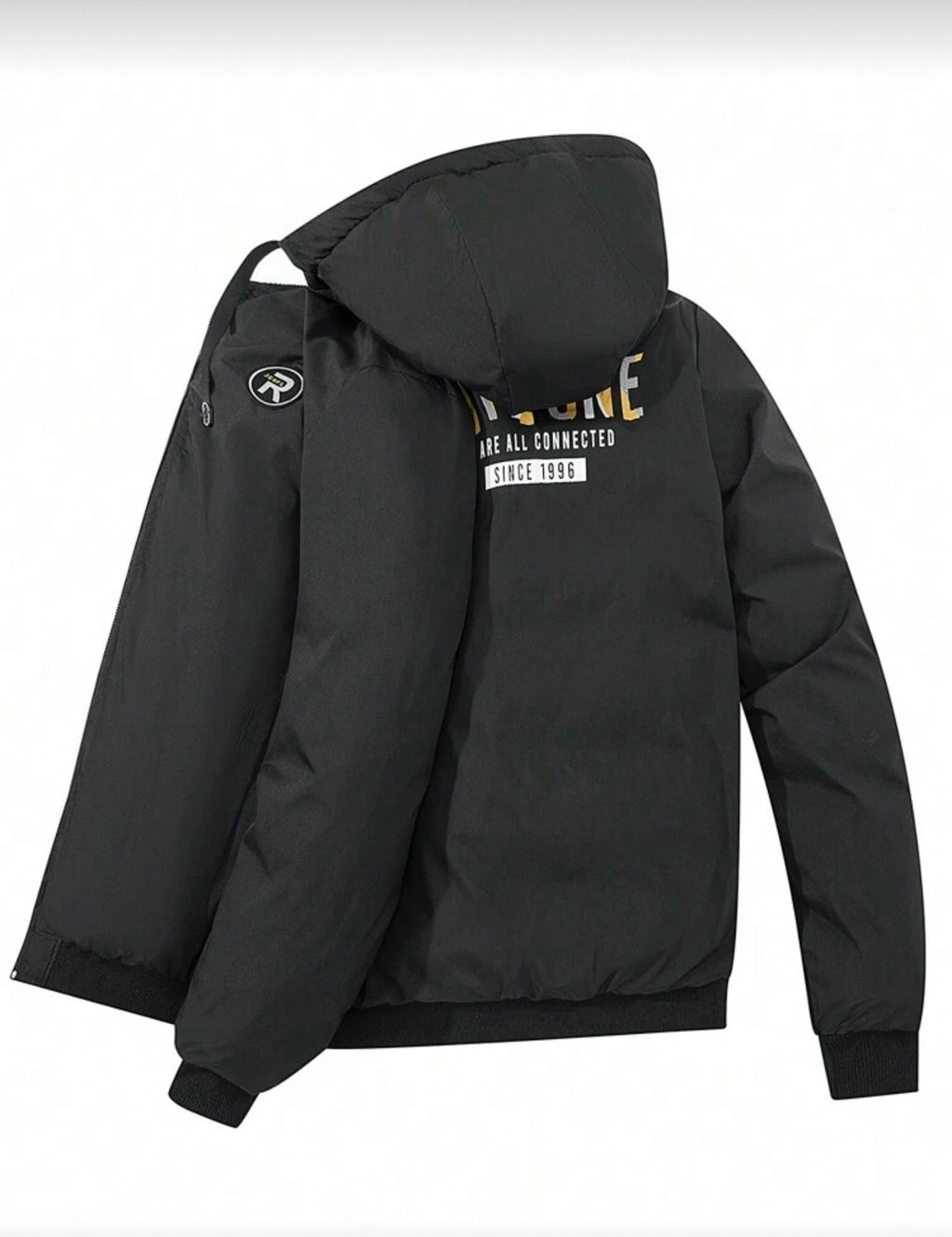 Gewatteerde grafische print heren winterjas zwart twee manieren te gebruiken