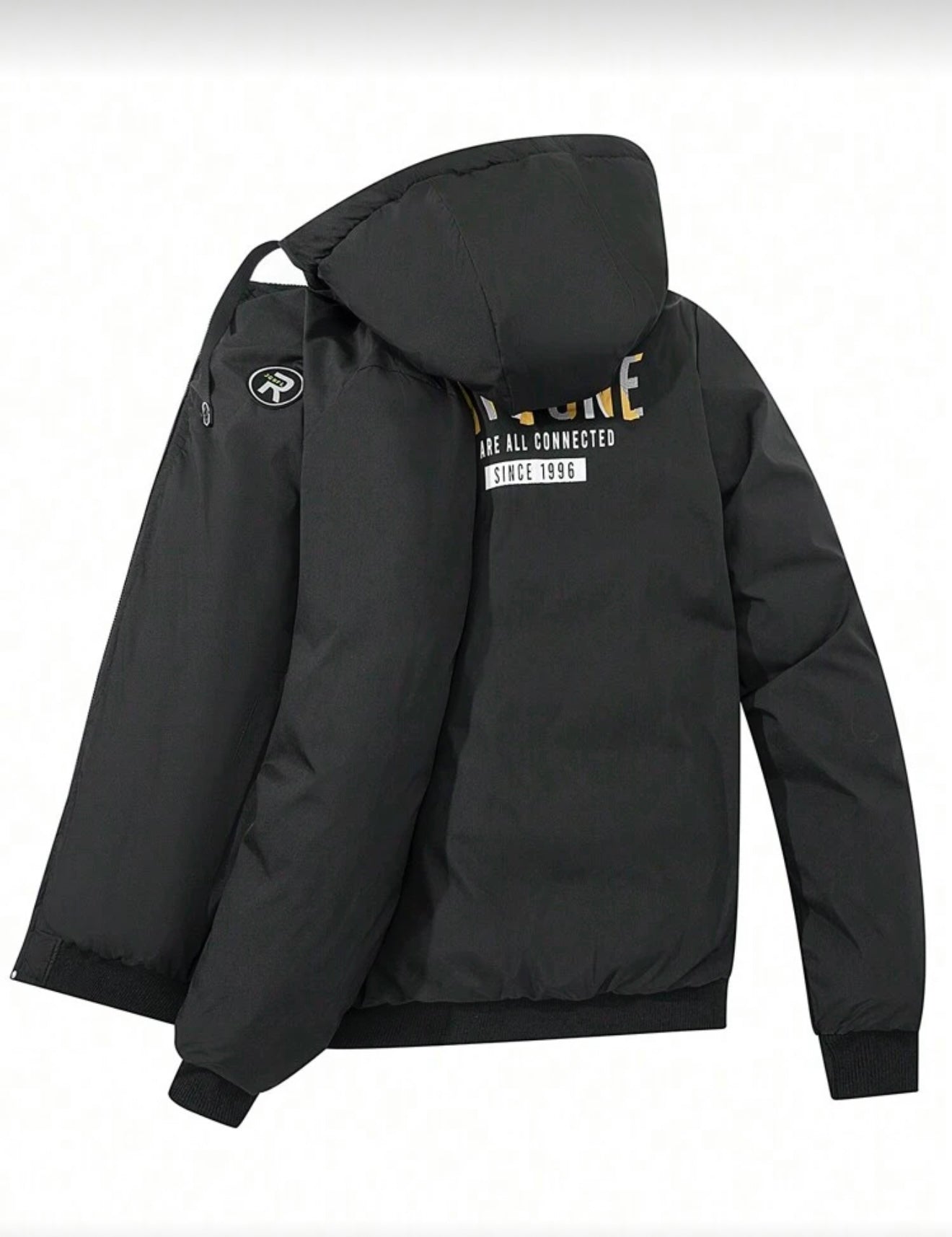 Gewatteerde grafische print heren winterjas zwart twee manieren te gebruiken