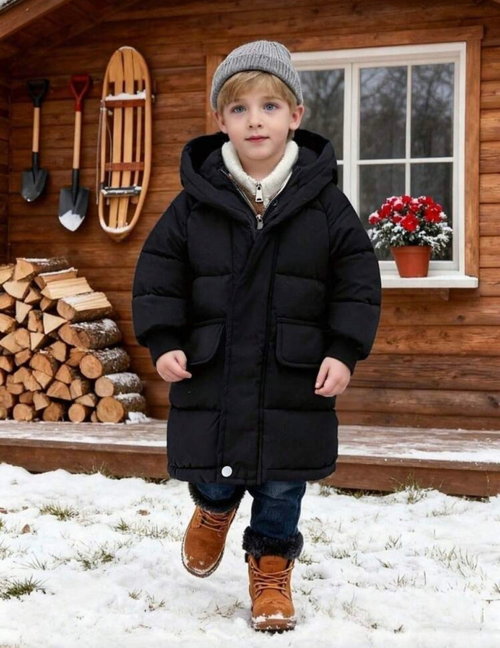 Jongens dikke lange mouwen gewatteerde jas met capuchon modieuze schoolstijl zwart