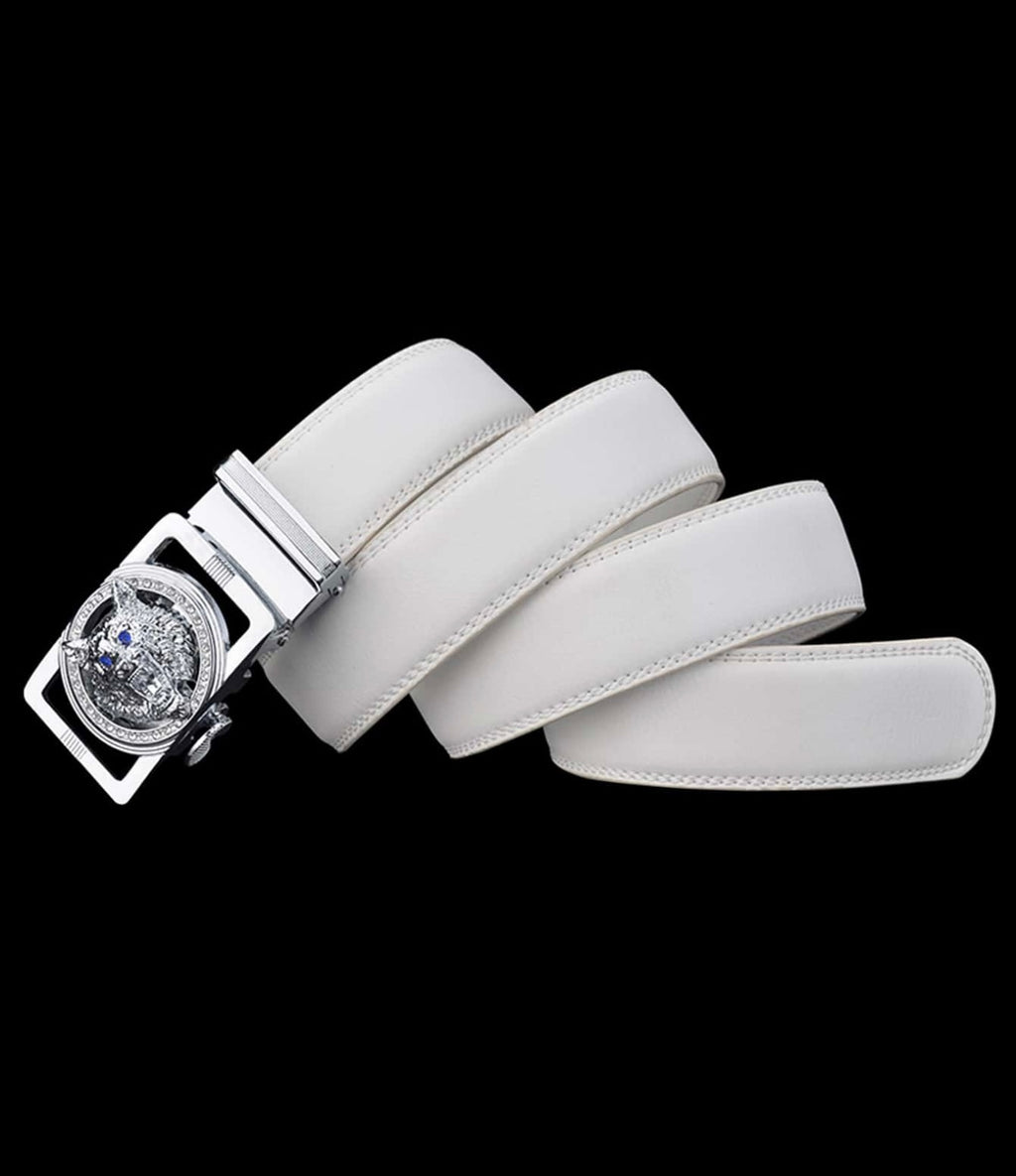 Zilveren Wolvenkop met strass-versiering heren wit automatische gesp