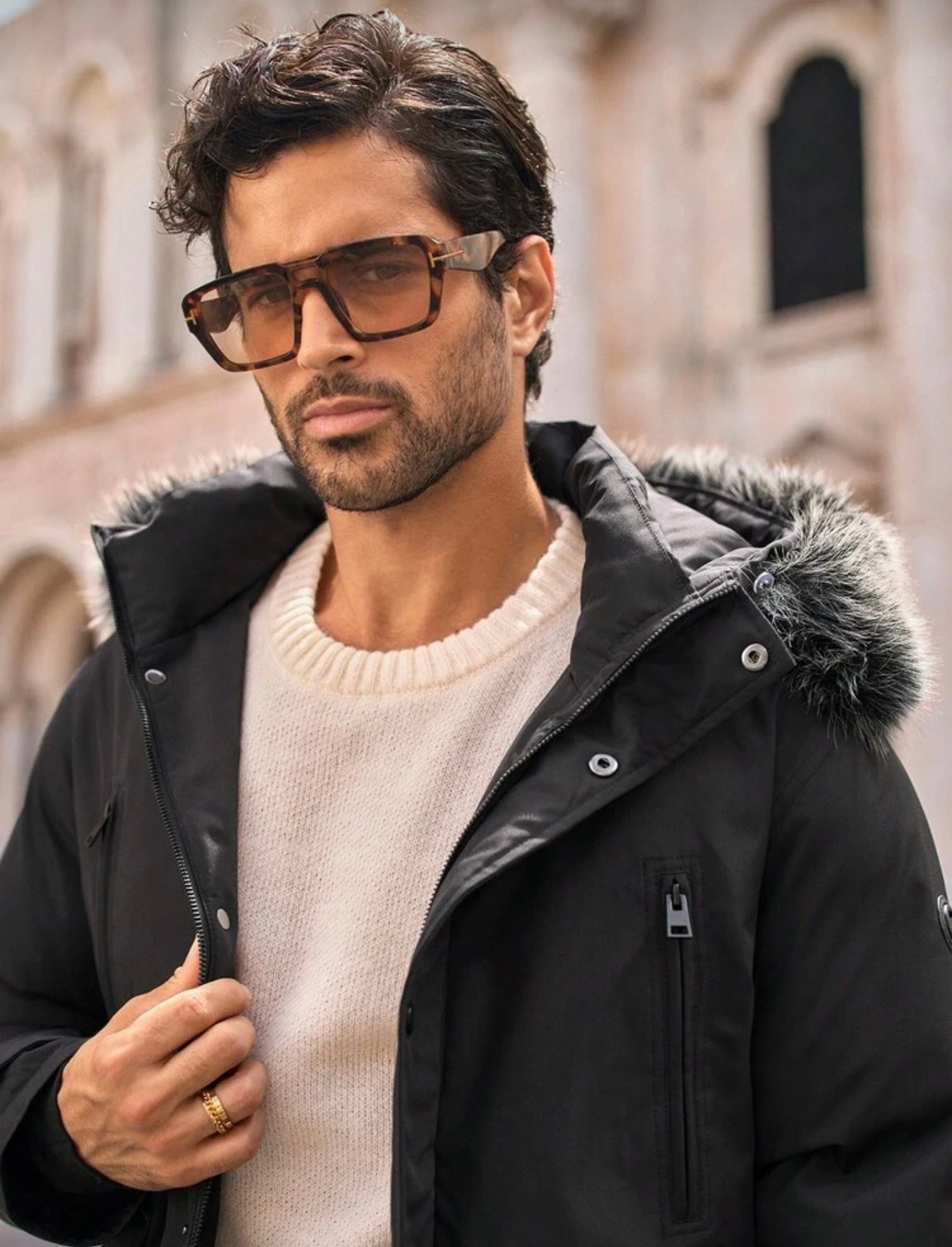 Heren bontkraag lange winterjas zwart