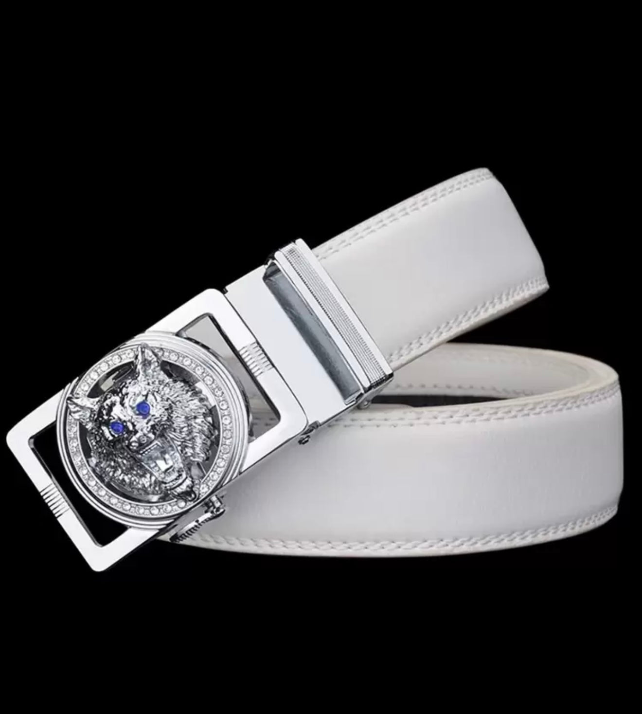 Zilveren Wolvenkop met strass-versiering heren wit automatische gesp