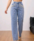 Fashionable distressed pearl decor straight leg jeans