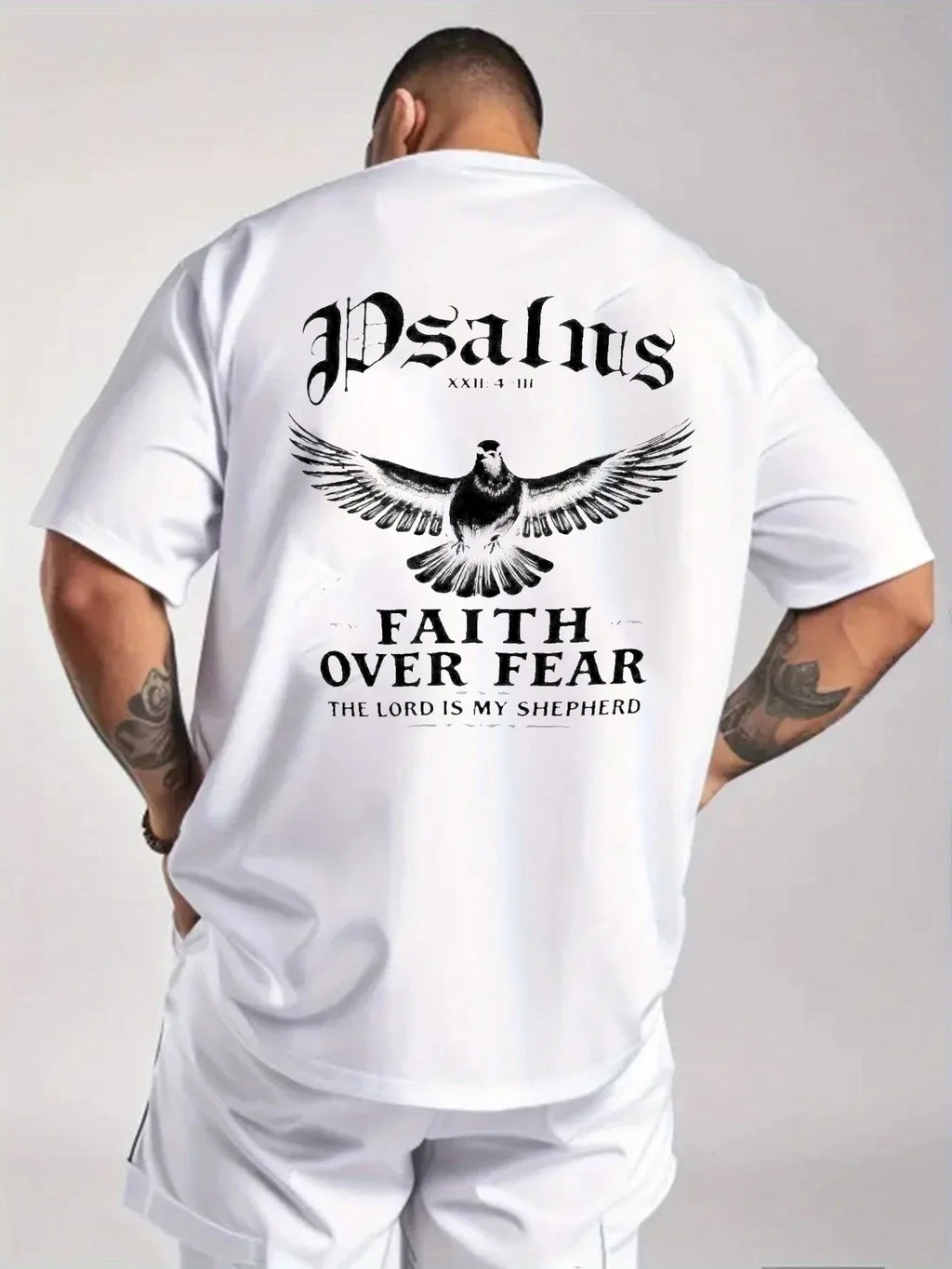 Men's Black T-Shirt Faith Over Fear Dove Psalm 23 Printed High Quality Cotton 180g+ Religious Christian Statement Tee for Church