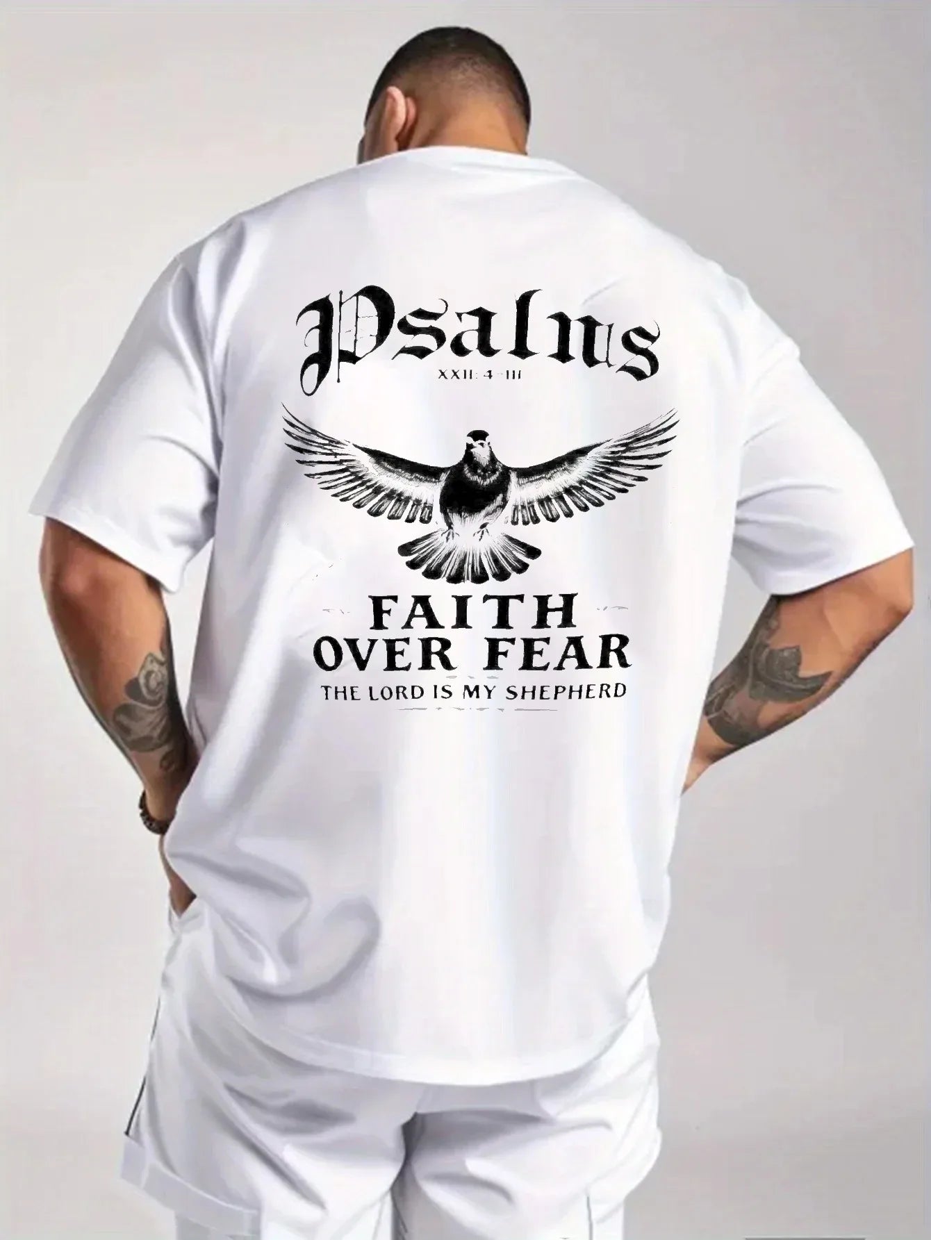 Men's Black T-Shirt Faith Over Fear Dove Psalm 23 Printed High Quality Cotton 180g+ Religious Christian Statement Tee for Church