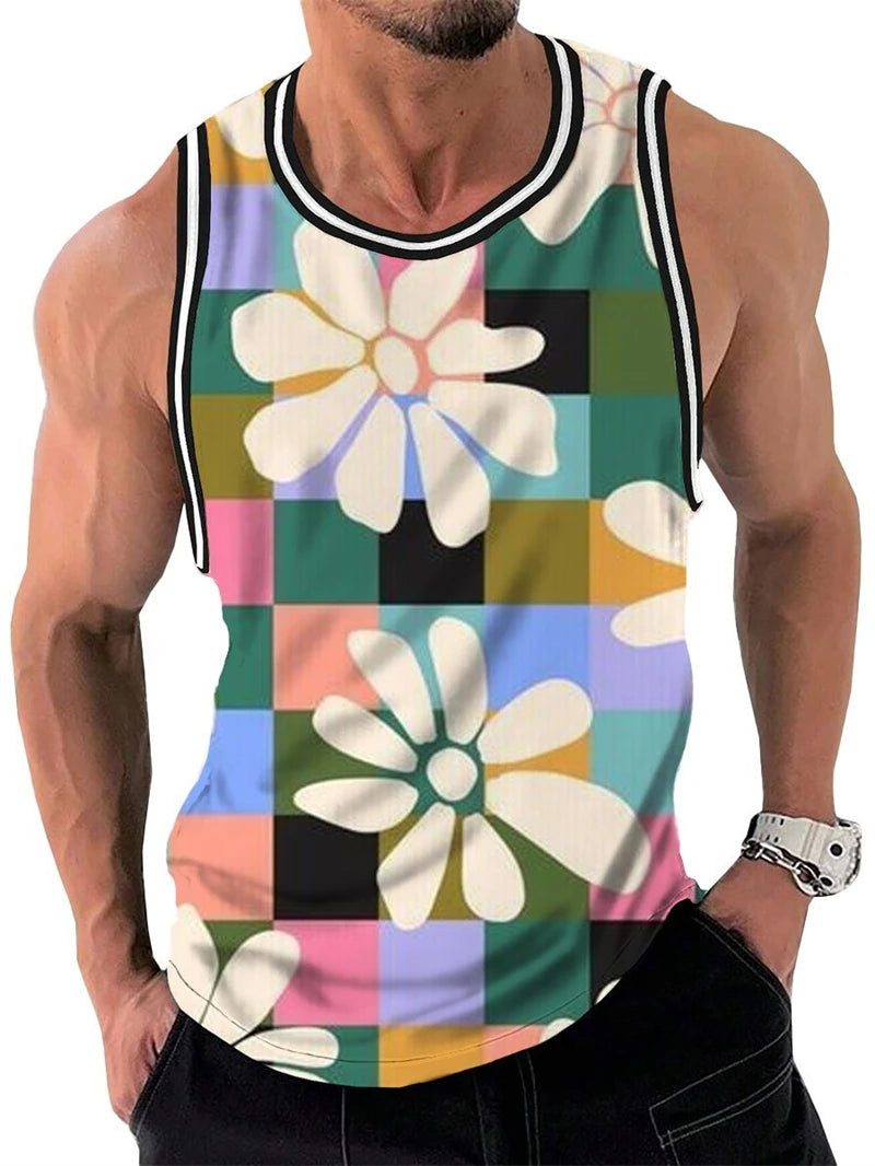 Vintage Rainbow Flowers 3D Print Tank Top Men Women Vacation Party Fashion Casual Y2k Clothing Oversized Sleeveless T-shirt Vest