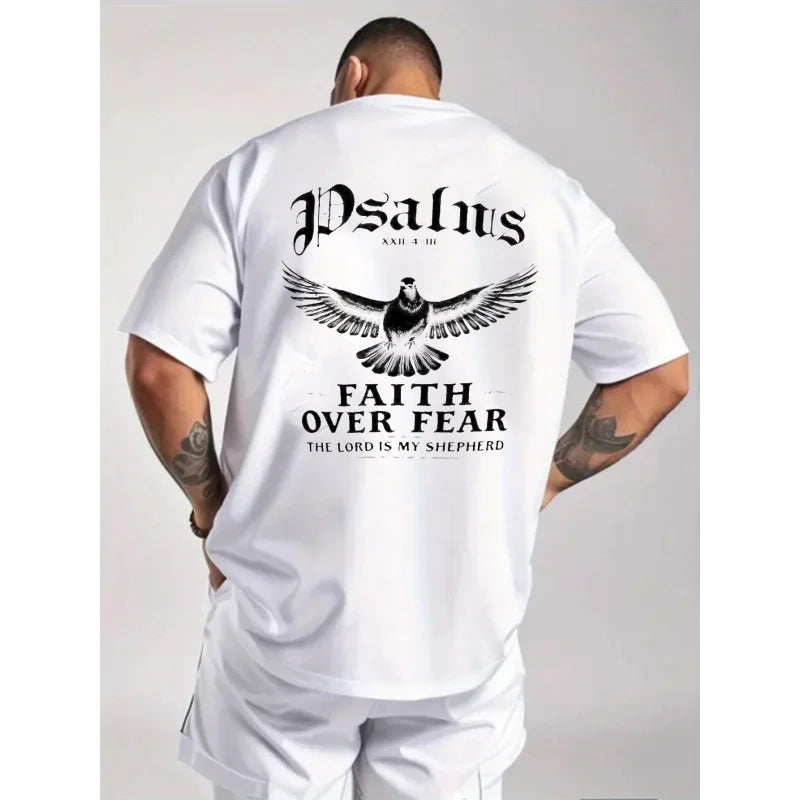 Men's Black T-Shirt Faith Over Fear Dove Psalm 23 Printed High Quality Cotton 180g+ Religious Christian Statement Tee for Church