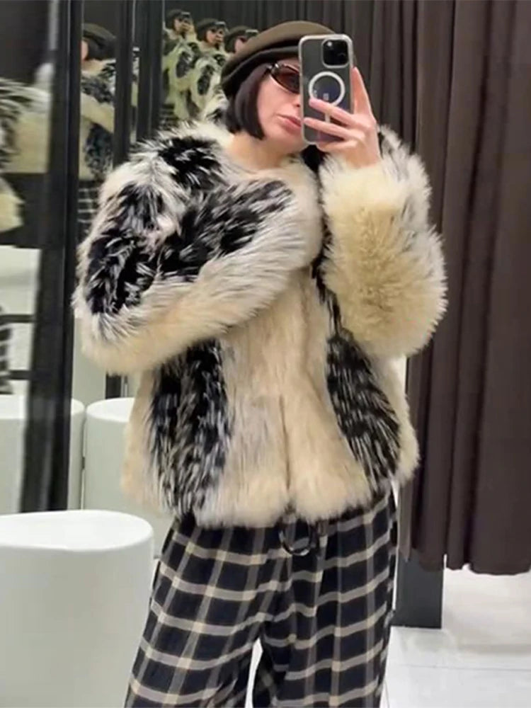 Stylish Contrast Faux Fur Women Coat Elegant O-neck Single Breasted Full Sleeve Female Coats 2026 Spring Winter Chic Lady Jacket