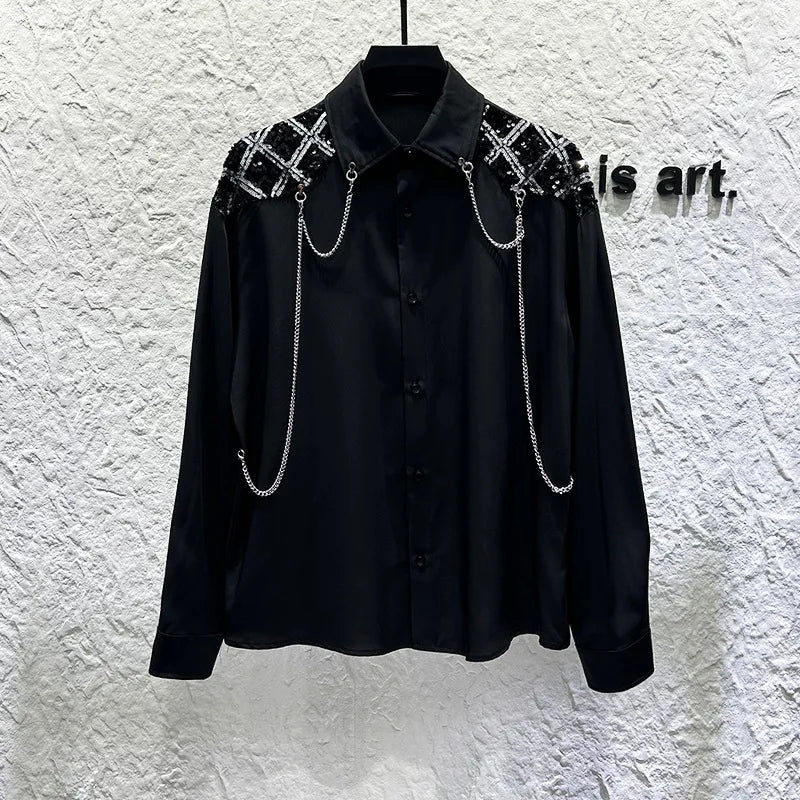 New high-end personalized metal chain design for men's long sleeved patchwork loose sequined shirt