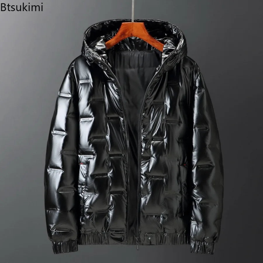 New 2025 Winter Men's Hooded Shiny Puffer Jackets Casual White Duck Down Coats High Quality Male Outdoor Windproof Warm Jackets