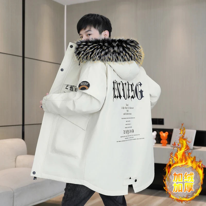 Winter Men's Warm Mid-Length Hooded Plush Jackets Street Wear Fur Collar Thicken Fleece Casual Coats Windproof Parkas