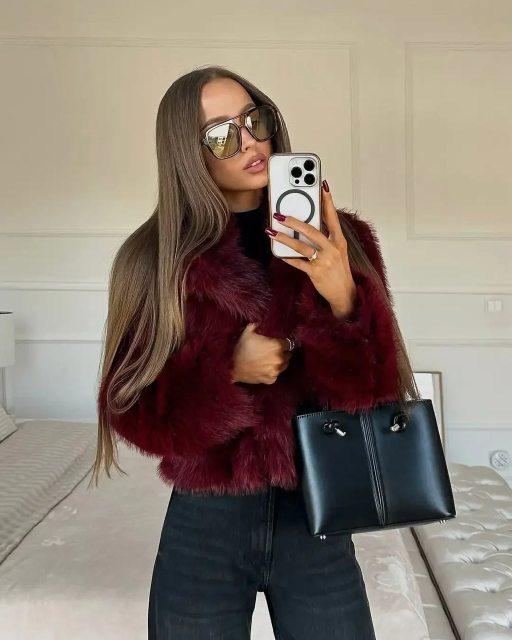Wine Red Faux Fur Coat Women Fashion Lapel Long Sleeve Single Breasted Short Jackets 2025 Autumn Winter Lady Street Outwear