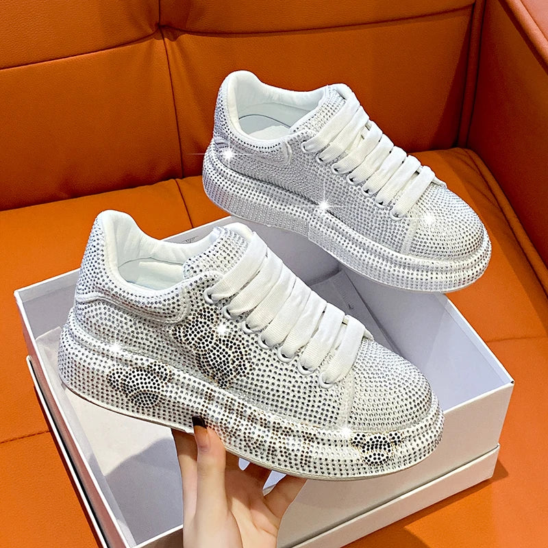 Women's Luxury Sneakers Sparkling Water Diamond Shoes Thick Bottom Casual Shoes Designer Water Diamond Fashion Vulcanized Shoes