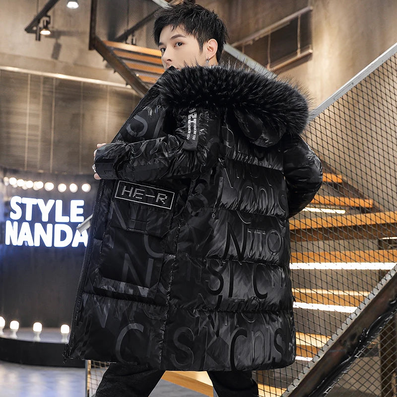 Fashion Hooded Cotton-Padded Jackets Autumn Winter Men's Windproof Thicken Parkas Streetwear Mid-Long Print Warm parkas puffer