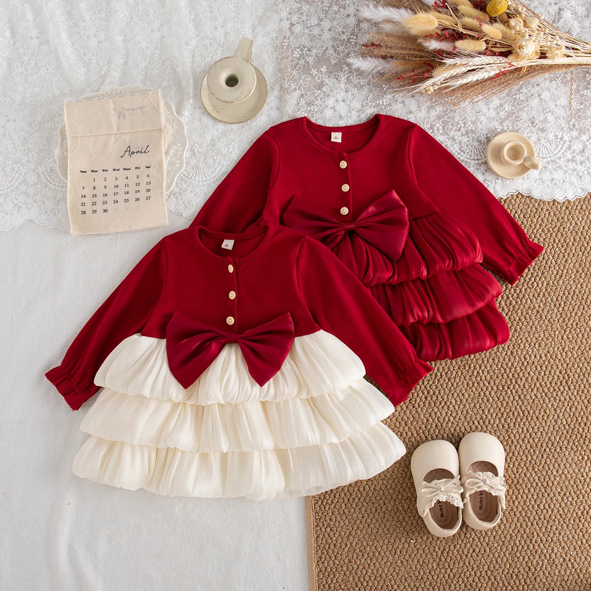 Spring And Autumn New Red Bow Baby Girl Dress, Sweet And Cute Children'S Clothing Suitable For Christmas Parties (6-24 Months)