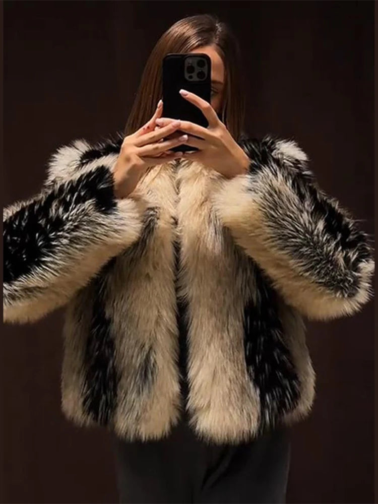 Stylish Contrast Faux Fur Women Coat Elegant O-neck Single Breasted Full Sleeve Female Coats 2026 Spring Winter Chic Lady Jacket