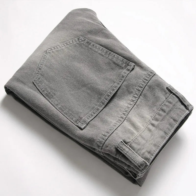 European American Holes Jeans Men Casual Gray Washed Teenagers Stretchless Mid Waist Slim Fitting Denim Pants Ripped Jeans