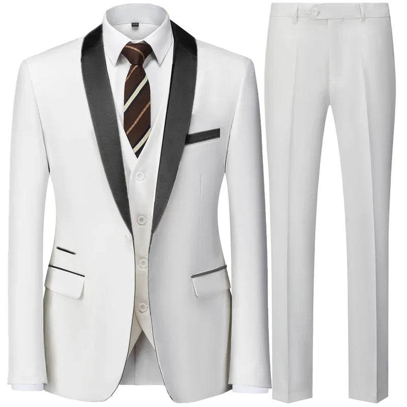 Black Men Autumn Wedding Party Three Pieces Set Large Size Male Blazer Coat Pants and Vest Fashion Slim Fit Suit