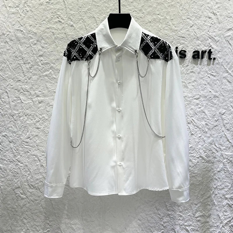 New high-end personalized metal chain design for men's long sleeved patchwork loose sequined shirt