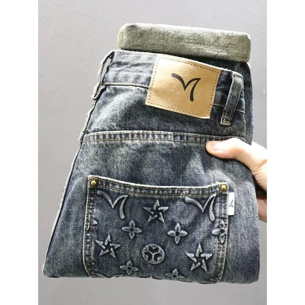 Men's casual straight-leg printed jeans autumn and winter new mid-waist loose trousers trendy tube trousers