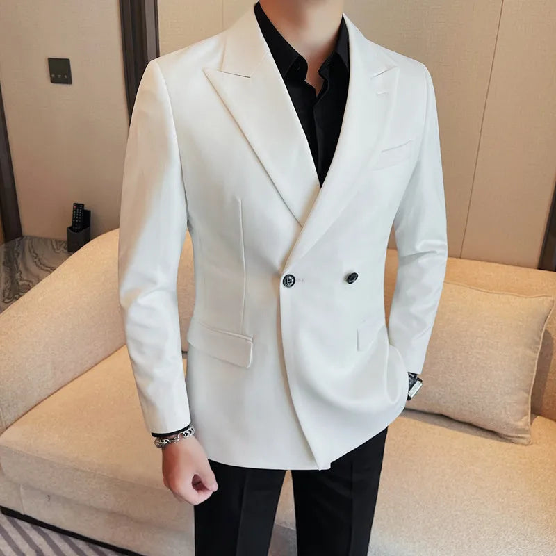 Double Breasted Blazer Jackets For Men High Quality Autumn Winter New Plain Color Suit Coats Slim Fit Business Casual FormalWear